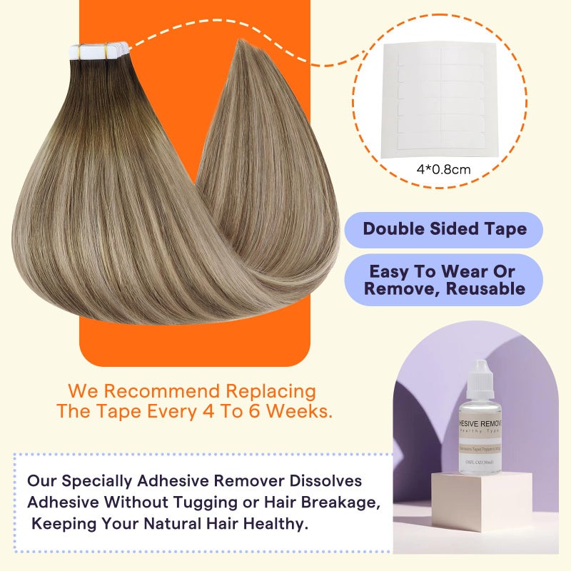 Fshine Full Shine Tape Hair Extensions Real Human Hair Balayage Color 3 Dark Brown Fading to 8 Ash Brown Highlight 22 Blonde Tape in Hair Extensions Real Human Hair Tape Ins 14 Inch 50G 20pcs for Wedding - Image 4